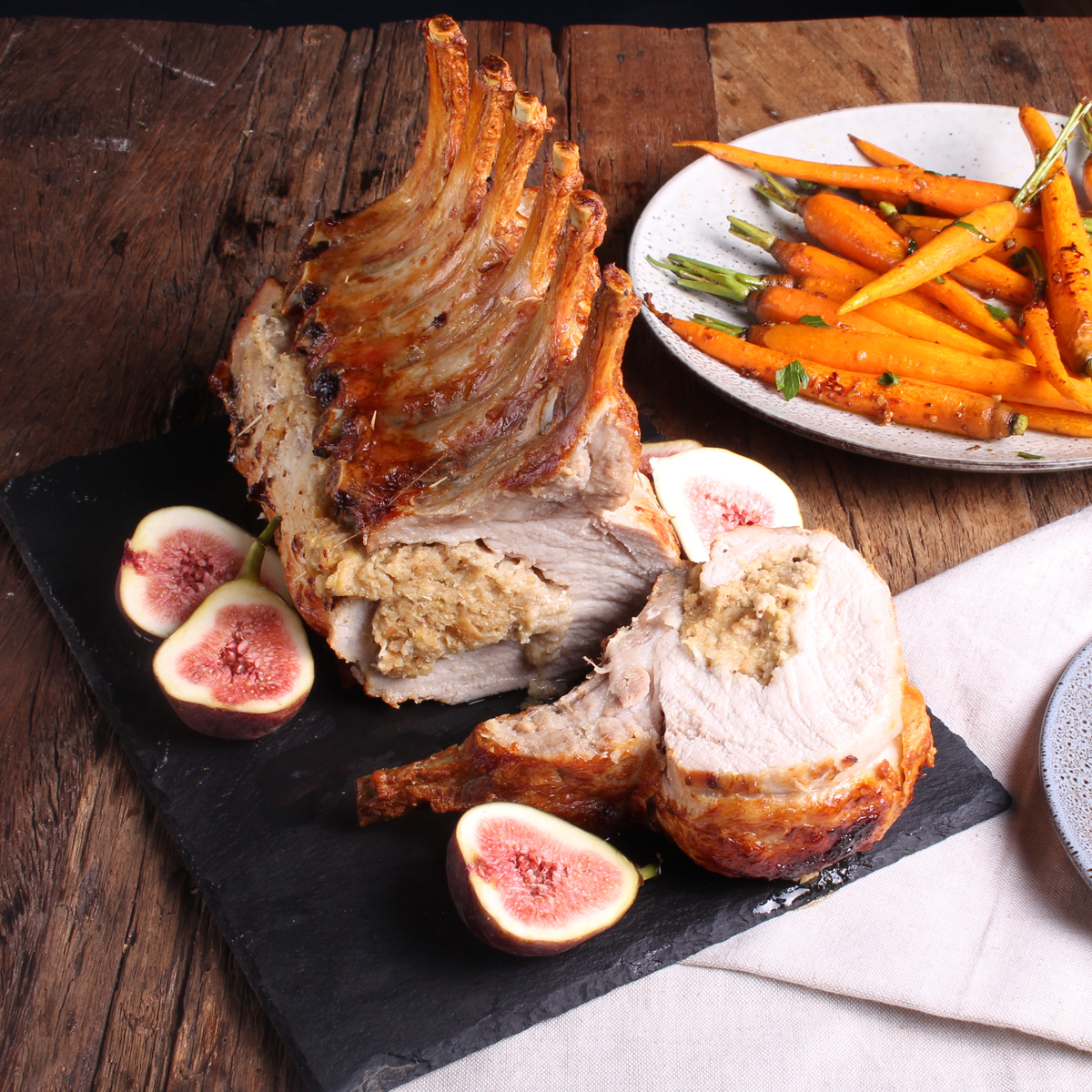 Fig and Apple Stuffed Pork Rib Rack with Garlic Butter Dutch Carrots